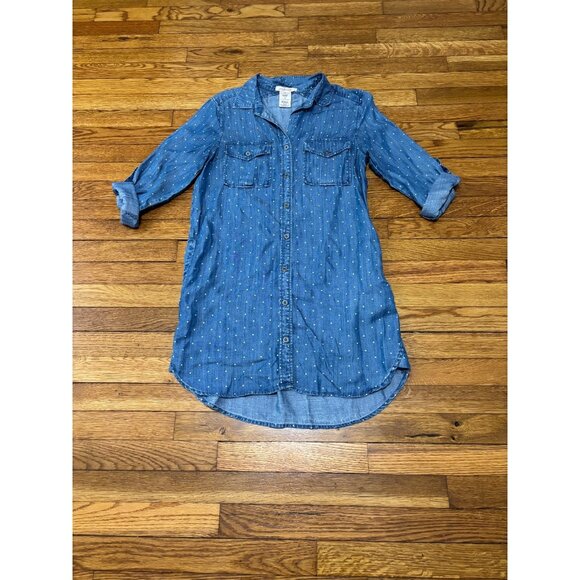 Philosophy Womens Button Down Shirt Dress Sz S Blue Polka Dot Chambray Tencel - Picture 1 of 5